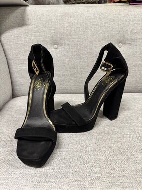Black Suede High Block Heel Sandals with Ankle Strap